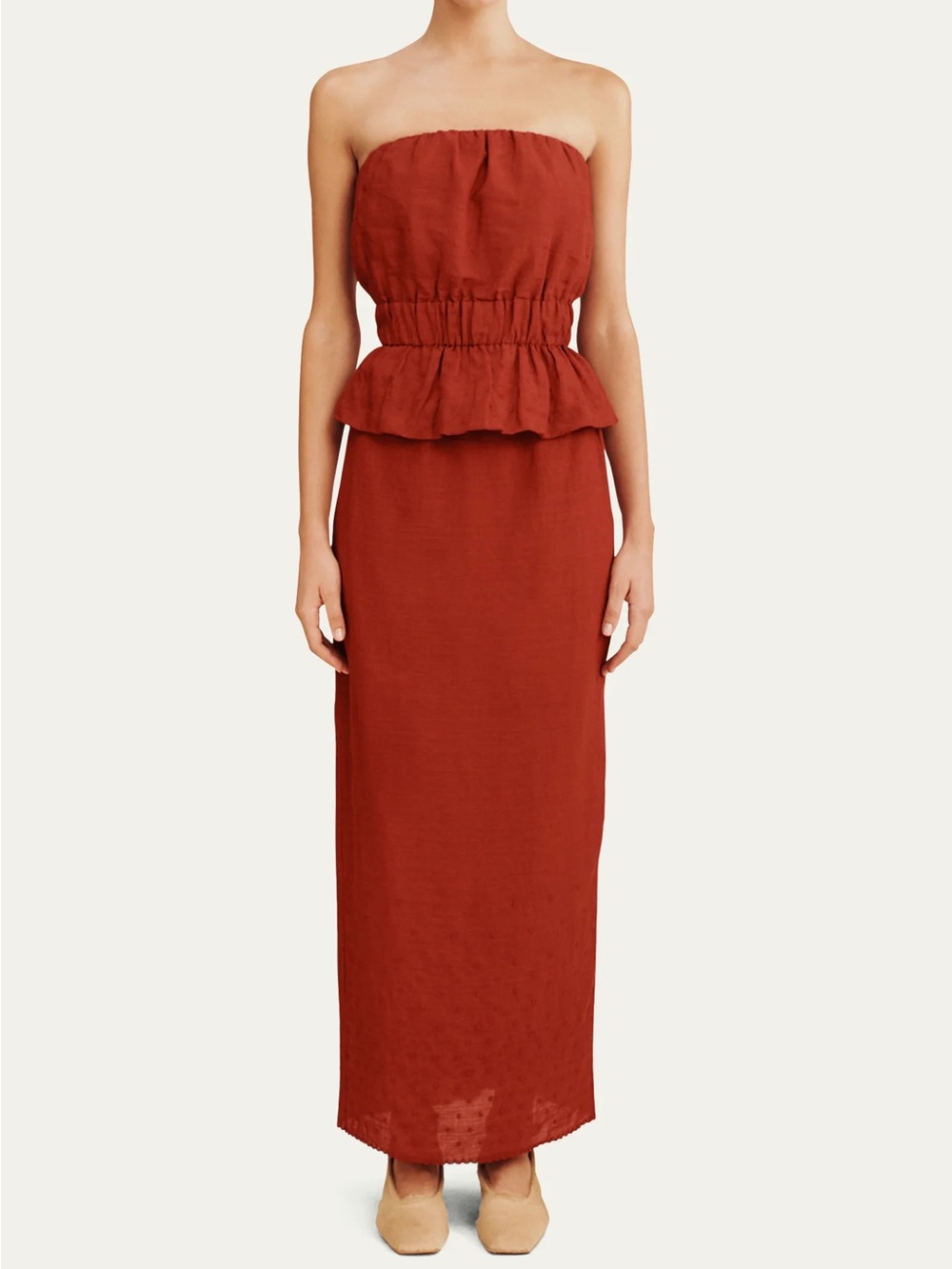 Posse Deep Red Strapless Peplum Gown